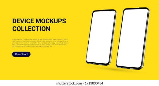 Realistic template mock up of two rotated angled smartphones for web design, webpages, banners, landings, presentations. Perspective view