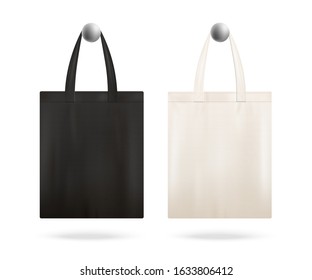 Realistic template and mockup of hanging black and white empty cotton fabric tote bag with handles. Fashionable and natural concept. Isolated realistic vector illustration of tote bags.