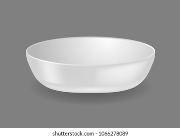 Realistic template, mock-up, porcelain ceramic ware. Tableware for cooking, cooking utensils for serving table, food, lunch and dinner, bowl for lettuce and hot dishes. Vector illustration.
