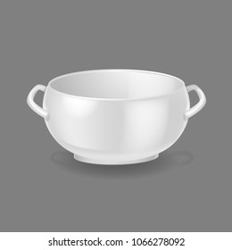 Realistic template, mock-up, porcelain ceramic ware. Tableware for cooking, cooking utensils for serving table, food, lunch and dinner, a bowl for soup. Vector illustration isolated.