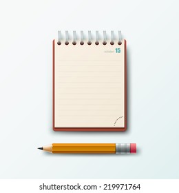 Realistic template with notepad and pencil isolated on white background