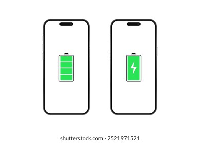 Plantilla realista del smartphone durante el proceso de carga de la batería. Pantalla de carga del teléfono móvil en la pantalla del teléfono inteligente. Ilustración vectorial