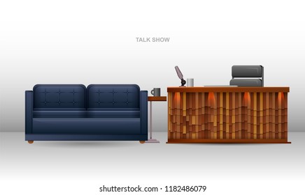 Realistic template talk show studio. Soft sofa with table and mug. The table of the presenter with a microphone and an armchair. Studio talk show on a white background.
