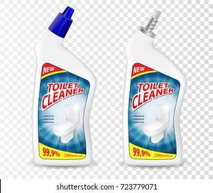 Realistic template Toilet Cleaner gel package. Plastic bottle container mockup with disinfectant liquid. Vector illustration isolated on transparent background