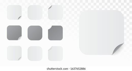 Realistic template of white paper. Adhesive sticker with curved edge isolated on white background. Vector illustration