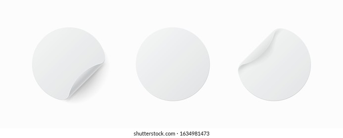 Realistic template of white round paper. Adhesive sticker with curved edge isolated on white background. Vector illustration