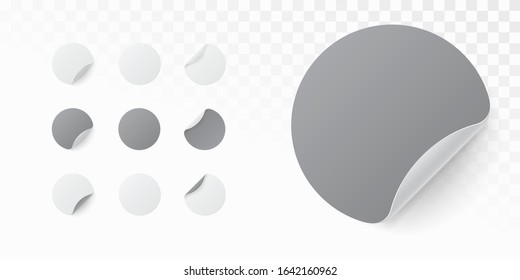 Realistic template of white round paper. Adhesive sticker with curved edge isolated on white background. Vector illustration