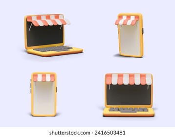 Realistic templates for advertising online stores. 3D laptop and smartphone with striped canopies