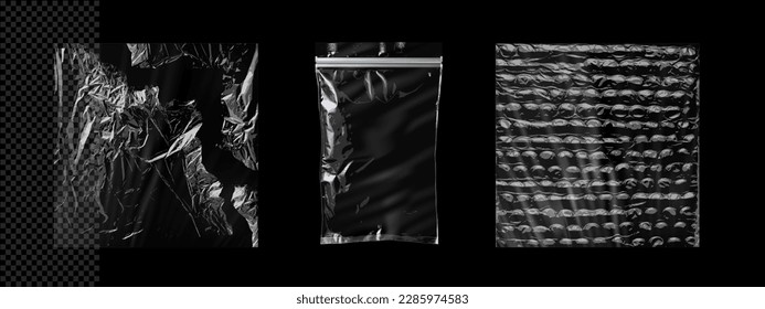 Realistic templates, layouts of various types of transparent plastic packaging for overlay, empty bags on a black background, for CD cover, vinyl, the effect of torn packaging, zip package and bubble.