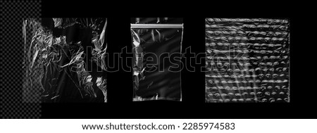 Realistic templates, layouts of various types of transparent plastic packaging for overlay, empty bags on a black background, for CD cover, vinyl, the effect of torn packaging, zip package and bubble. 商業照片 © 