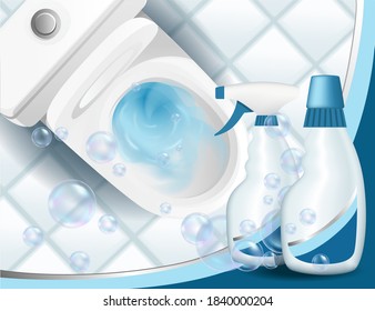 Realistic templates package for bottles toilet cleaner plastic bottles with cleaning gel top view of a toilet bowl vector illustration