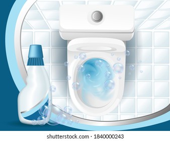 Realistic templates package for bottles toilet cleaner plastic bottles with cleaning gel top view of a toilet bowl vector illustration