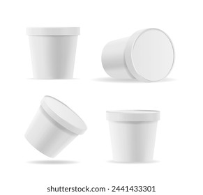 Realistic Templates Round White Plastic Containers for Food, Mayonnaise or Ice Cream. Isolated 3d Vector Bucket Mockups