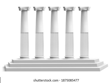 Realistic temple columns. Ancient greek pillars with marble 3d stair podium. Antique columns facade vector illustration. Ancient pillar, realistic sculpture column