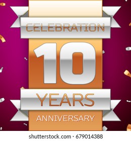 Realistic Ten Years Anniversary Celebration Design. Silver and golden ribbon, confetti on purple background. Colorful Vector template elements for your birthday party. Anniversary ribbon