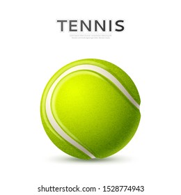 Realistic tennis ball. Athletic equipment for championships promo design element. Vector green ball with curved line for Sport betting design. Team game tournament and competition poster.