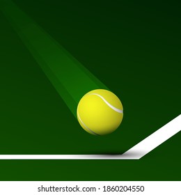 una pelota de tenis realista vuela en la fila de la cancha. Torneo de tenis mundial. Equipamiento deportivo. Antecedentes de las competiciones deportivas de diseño. Vector