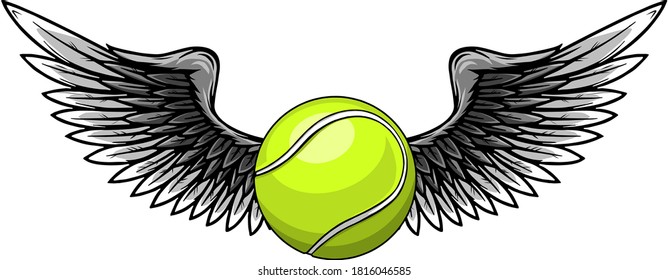 Realistic tennis ball with raised up white wings emblem vector