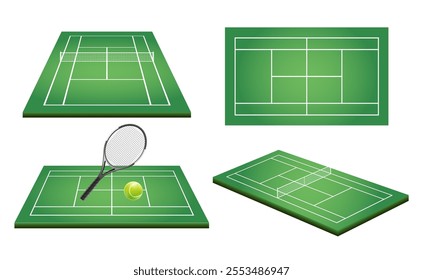 Realistic tennis field. Top view and perspective tennis court ground with green grass and line frame. Vector EPS 10