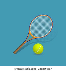 Realistic tennis racket and ball on blue background with shadow. Vector illustration.