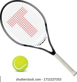 Realistic tennis racket and ball with shadow isolated on white background - vector illustration