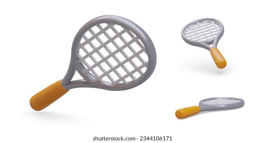 Raqueta de tenis realista. Nuevo accesorio deportivo con cadenas de taut. Símbolo deportivo. Objeto vector, vista desde diferentes lados. Imagen aislada sobre fondo blanco