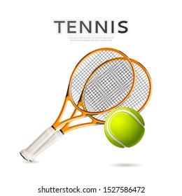 Realistic tennis rackets and green ball for tennis tournament and championship posters design. Vector tennis betting promo design. Court sport equipment 3d icon. Active lifestyle symbol.