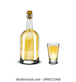 Realistic Tequila Bottle And Glass Shot With Golden Alcohol Liquid. EPS10 Vector