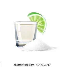 Realistic tequila shot with lime slice and salt powder heap, pile. Alcogol drink snack. Mexican traditional party drink, cinco de mayo holiday celebration decoration design element Vector illustration