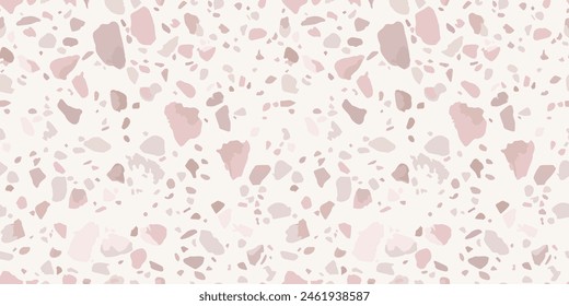 Realistic terrazzo floor texture. Vector seamless pattern of mosaic flooring surface with natural stones, granite, marble, quartz. Classic Venetian floor background. Pink and white terazzo design