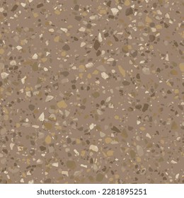 Realistic terrazzo flooring seamless texture. Vector pattern of mosaic floor with natural stones, marble, granite, quartz, sandstone, limestone. Classic Venetian floor. Gold and beige tones design