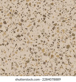 Realistic terrazzo flooring seamless texture. Vector pattern of mosaic floor with natural stones, marble, granite, quartz, sandstone, limestone. Classic Venetian floor. Gold, beige and brown colors
