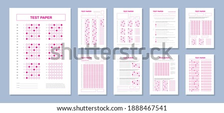 Realistic test paper answers set with red colored sheets of solved exam tests with correct marks vector illustration