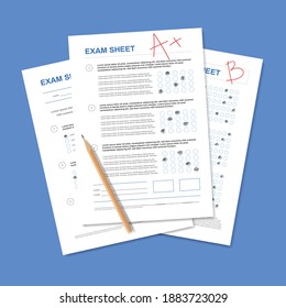 Realistic test paper composition with pencil and stack of students paperwork with marks and correct answers vector illustration