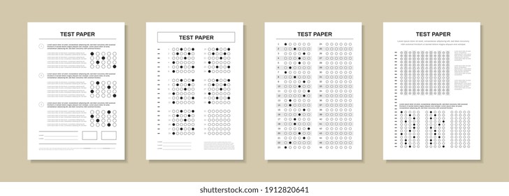 Realistic test paper set of four isolated exam sheets with marks and editable task description text vector illustration