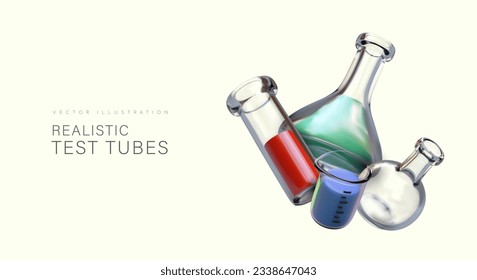 Realistic test tubes in different positions. Set of 3d equipment with different liquids. Medical tests and researches. Web poster for hospital. Vector illustration with place for text