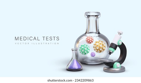 Realistic test tubes and liquids   bacteria  Set 3d equipment and microscope   material for tests  Medical researches  Web poster for laboratory  Vector illustration and place for text