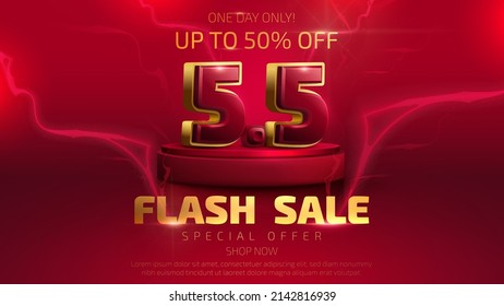 Realistic Text 5.5 On Red Podium With Lightning Effect Element Decoration. Flash Sale Background.