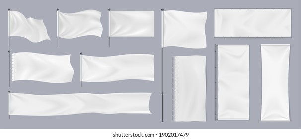 Realistic textile banners  3D blank waving cotton flags  Empty fabric signboards for advertising  White canvas hanging chrome stand  Horizontal vertical pennants for brand identity  vector set