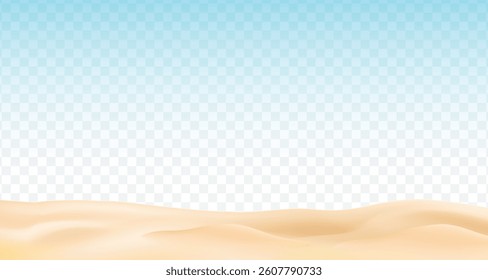 Realistic texture of beach or desert sand. Vector illustration with ocean, river, desert or sea sand isolated on checkered background. 3d vector illustration.