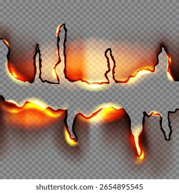 Realistic texture of charred edges with flame elements on transparent background. Vector design element for website design, social networks, advertising materials, games