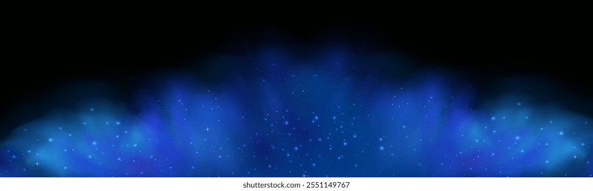 Textura realista de fundo de fumaça fantástico. Névoa azul com brilho e partículas brilhantes cintilantes. Estrelado neon pó mágico.