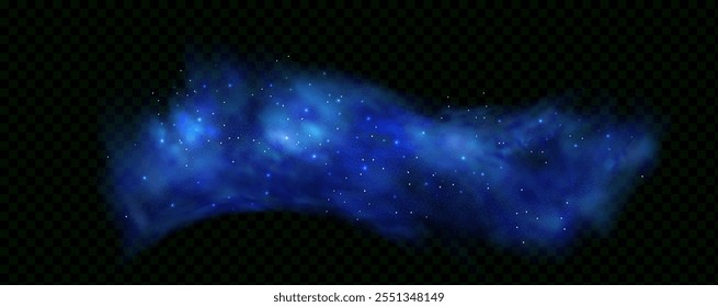 Realistic texture of fantastic smoke background. Blue fog with glitter and shimmering glowing particles. Starry neon magic dust.
