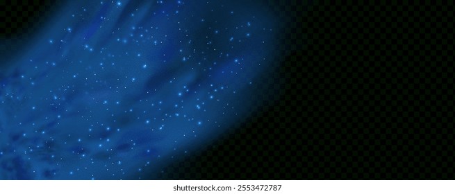 Realistic texture of fantastic smoke background. Blue fog with glitter and shimmering glowing particles. Starry neon magic dust.