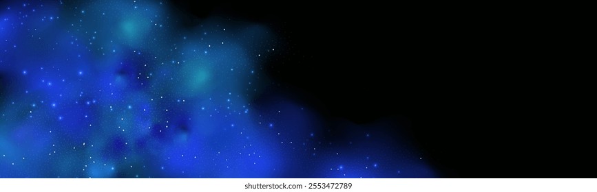 Realistic texture of fantastic smoke background. Blue fog with glitter and shimmering glowing particles. Starry neon magic dust.