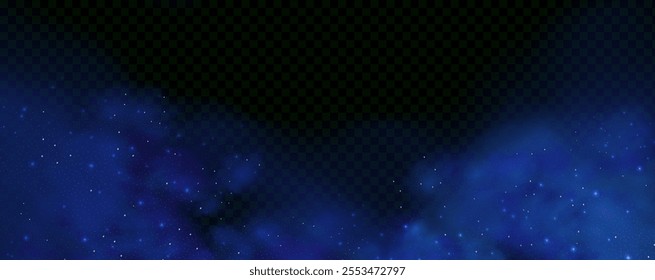 Realistic texture of fantastic smoke background. Blue fog with glitter and shimmering glowing particles. Starry neon magic dust.