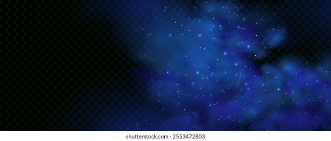 Realistic texture of fantastic smoke background. Blue fog with glitter and shimmering glowing particles. Starry neon magic dust.