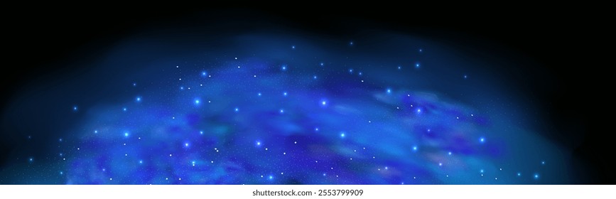Realistic texture of fantastic smoke background. Blue fog with glitter and shimmering glowing particles. Starry neon magic dust.