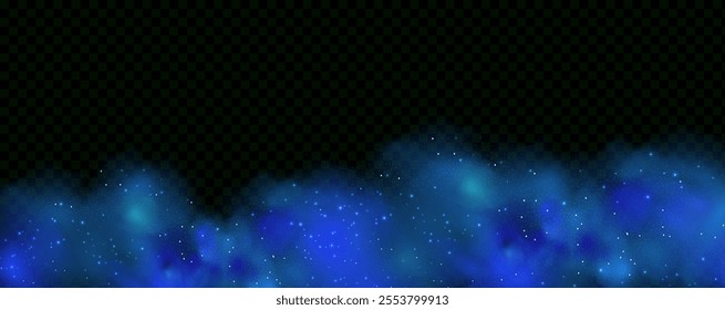 Realistic texture of fantastic smoke background. Blue fog with glitter and shimmering glowing particles. Starry neon magic dust.