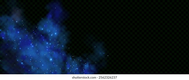 Realistic texture of fantastic smoke background. Blue fog with glitter and shimmering glowing particles. Starry neon magic dust.